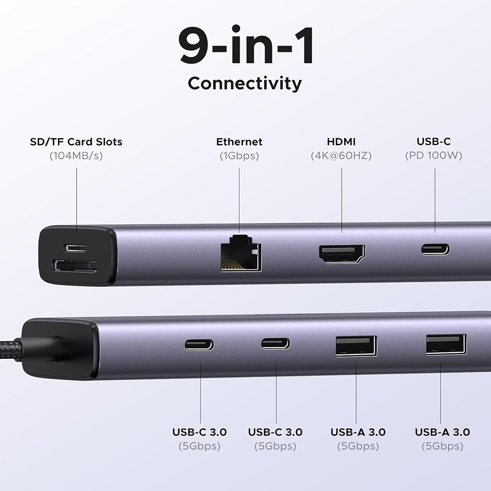 Hub USB-C UGREEN CM498 (15375), 2 x USB-A - 3 x USB-C - 1 x HDMI - 1 x RJ45 - 1 x SD - 1 x microSD, Gris