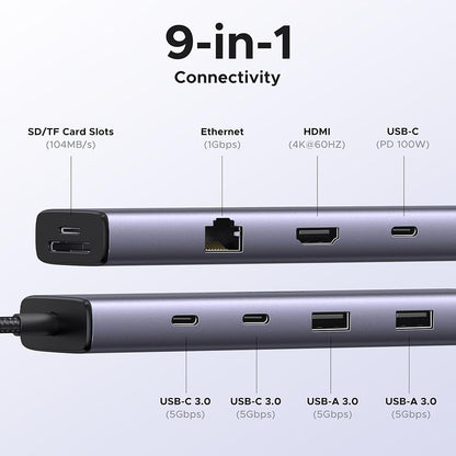 Hub USB-C UGREEN CM498 (15375), 2 x USB-A - 3 x USB-C - 1 x HDMI - 1 x RJ45 - 1 x SD - 1 x microSD, Gris