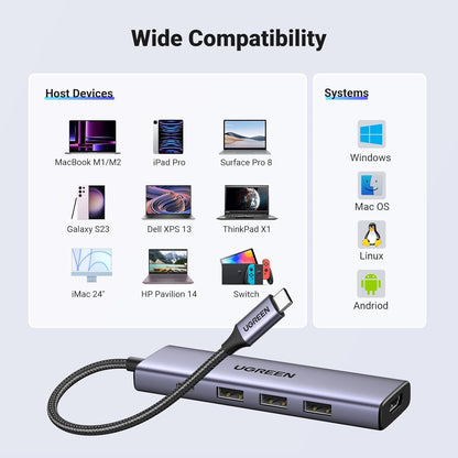 UGREEN CM511 USB-C Hub, 3 x USB-A 3.0 - 1 x USB-C - 1 x HDMI, Gray