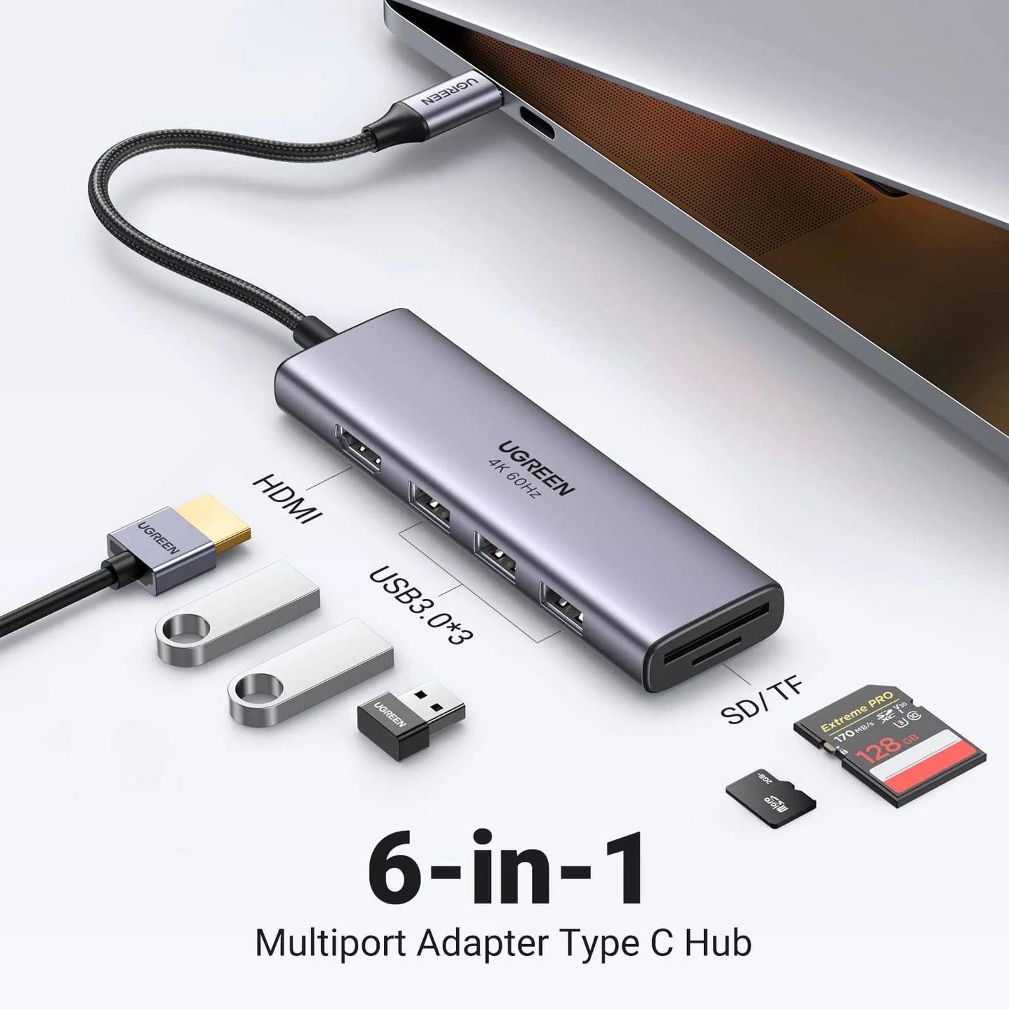 UGREEN CM511 USB-C Hub (60383), 3 x USB-A 3.2 - 1 x HDMI - 1 x SD - 1 x microSD, Gray