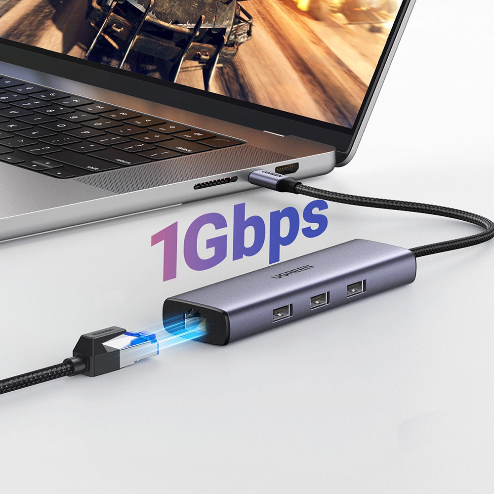 UGREEN CM512 USB-C Hub (15598), 3 x USB-A 3.0 - 1 x USB-C - 1 x HDMI - 1 x RJ45, Gray