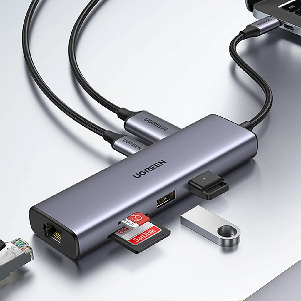 Hub USB-C UGREEN CM512, 2 x USB-A 3.0 - 1 x USB-C - 1 x HDMI - 1 x SD - 1 x microSD - RJ45, Grau