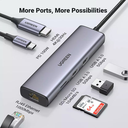 Hub USB-C UGREEN CM512, 2 x USB-A 3.0 - 1 x USB-C - 1 x HDMI - 1 x SD - 1 x microSD - RJ45, Grau