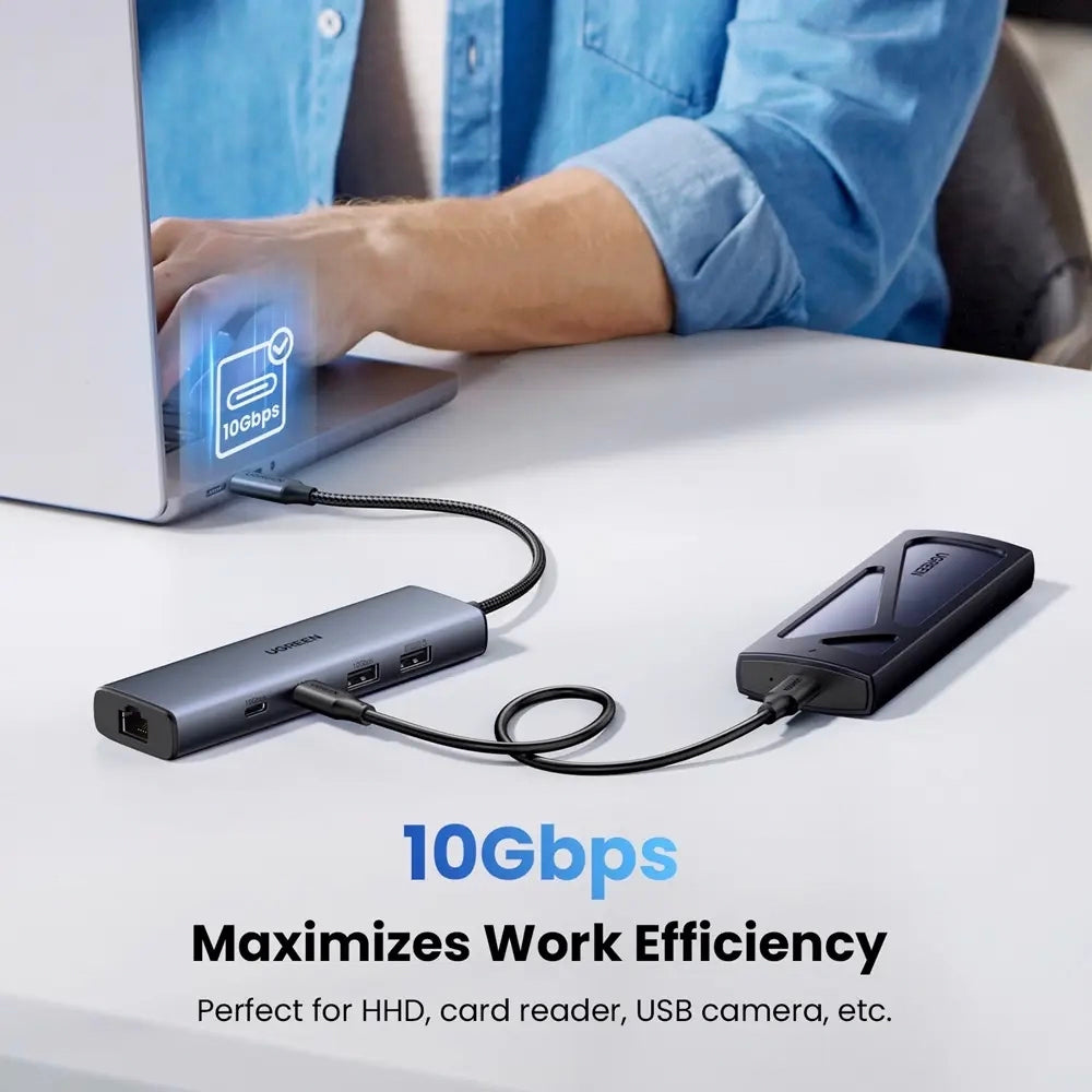UGREEN CM512 USB-C Hub, 1 x USB-A 3.2 - 1 x USB-A - 3 x USB-C - 1 x RJ45, Gray