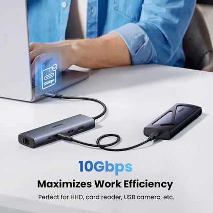 UGREEN CM512 USB-C Hub, 1 x USB-A 3.2 - 1 x USB-A - 3 x USB-C - 1 x RJ45, Gray