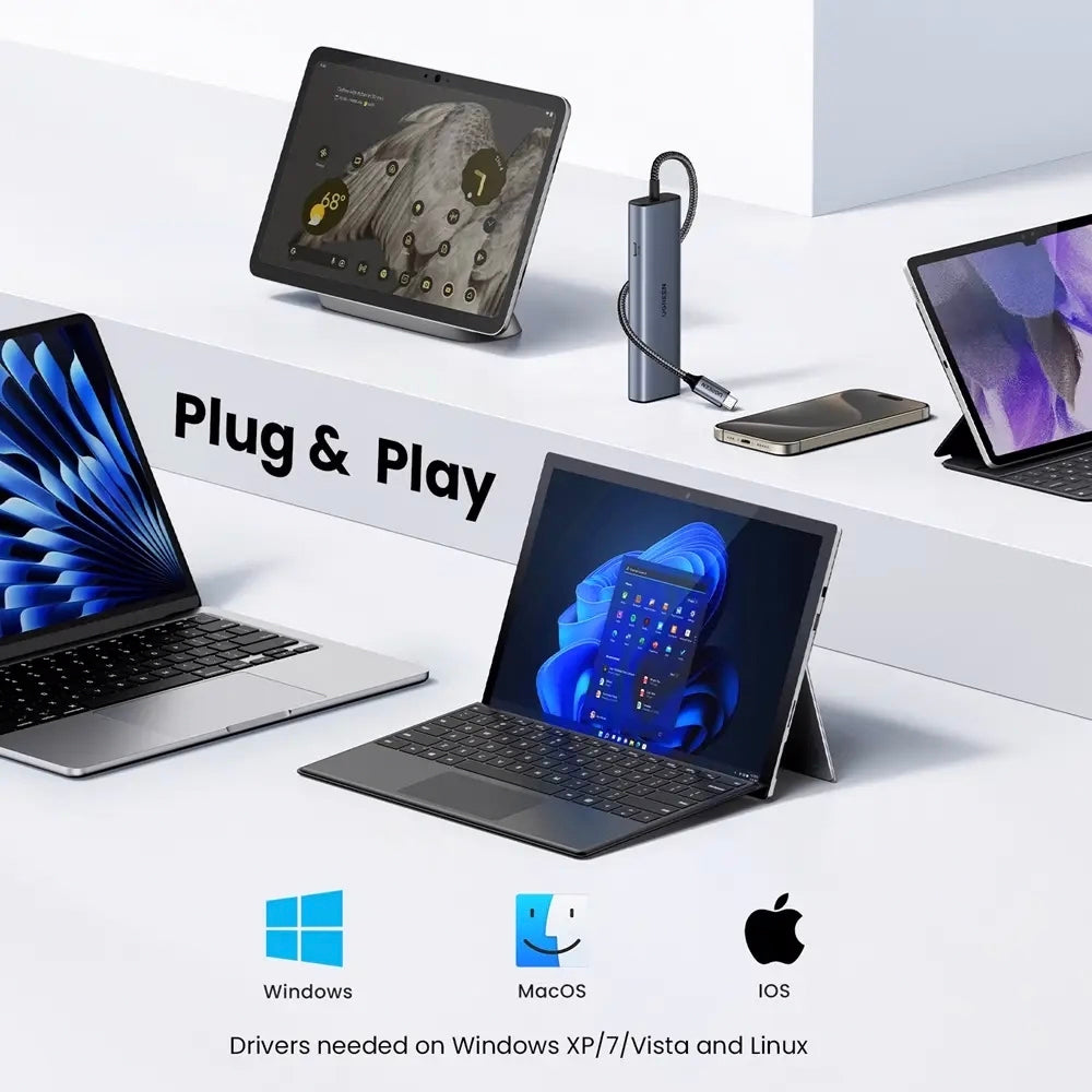 UGREEN CM512 USB-C Hub, 1 x USB-A 3.2 - 1 x USB-A - 3 x USB-C - 1 x RJ45, Gray