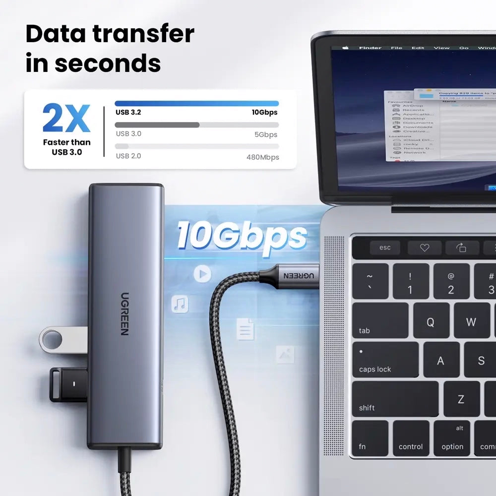 UGREEN CM512 USB-C Hub, 1 x USB-A 3.2 - 1 x USB-A - 3 x USB-C - 1 x RJ45, Gray