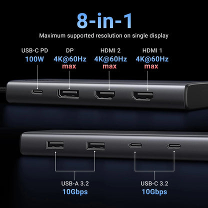 Hub USB-C UGREEN Revodok 308 CM639, 2 x USB-A 3.2 - 3 x USB-C - 1 x Display Port - 2 x HDMI, Gris