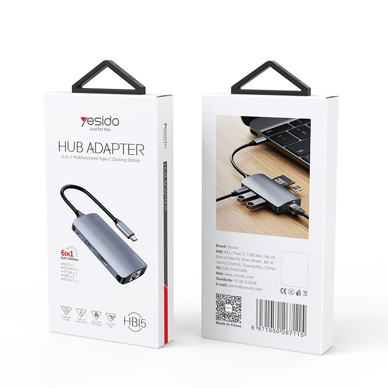 Hub USB-C Yesido HB15, 6en1, Gris