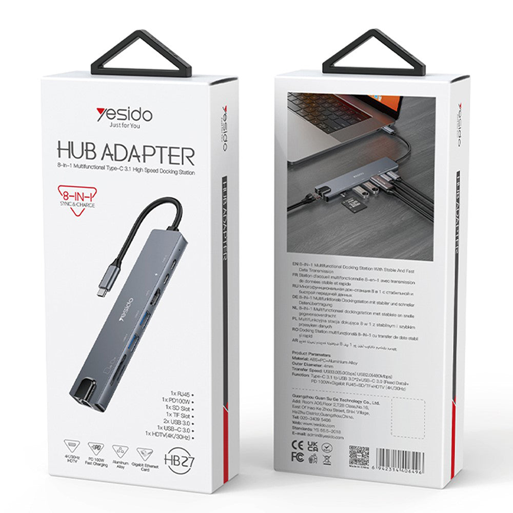 Hub USB-C Yesido HB27, 8en1, Gris
