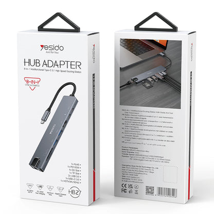 Hub USB-C Yesido HB27, 8en1, Gris