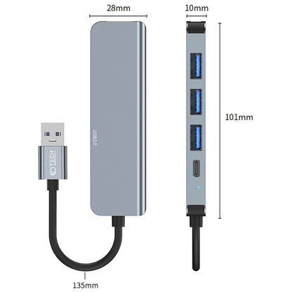 USB Hub Tech-Protect V0, 3 x USB-A 3.0 - 1 x USB-A - 1 x USB-C, Grijs