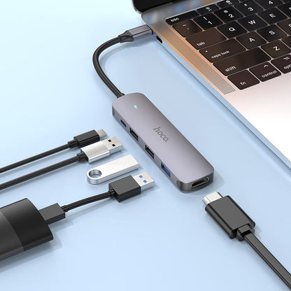 USB-C Hub HOCO HB27, USB-A 3.0 - 2 x USB-A - USB-C - HDMI, Grijs