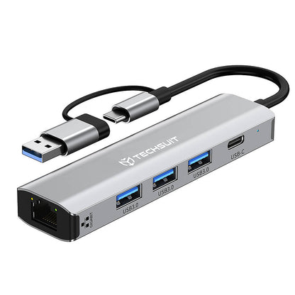 Hub USB / USB-C Techsuit H3 BoostNetLink, 5en1, Gris