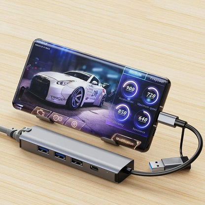 Hub USB / USB-C Techsuit H3 BoostNetLink, 5en1, Gris