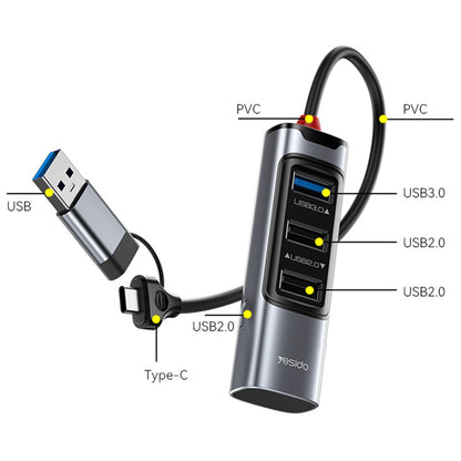 USB / USB-C Hub Yesido HB19, 4in1, Grau