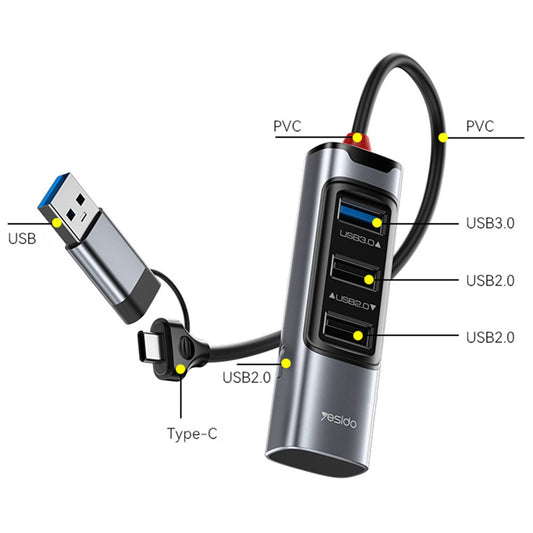 USB / USB-C Hub Yesido HB19, 4in1, Gri