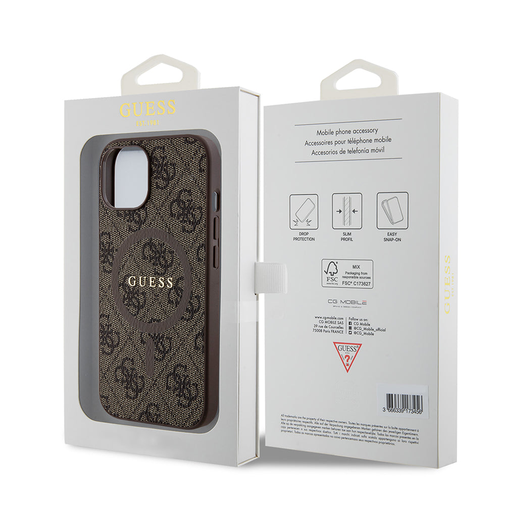 MagSafe Case for Apple iPhone 15 Plus, Guess, 4G Colored Ring, Brown GUHMP15MG4GFRW