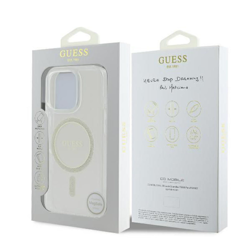 MagSafe Hülle für Apple iPhone 16 Pro, Guess, IML Glitter Ring, Transparent GUHMP16LHFGERET