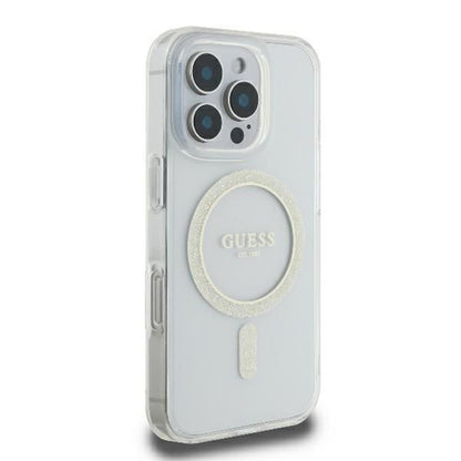 MagSafe Hülle für Apple iPhone 16 Pro, Guess, IML Glitter Ring, Transparent GUHMP16LHFGERET