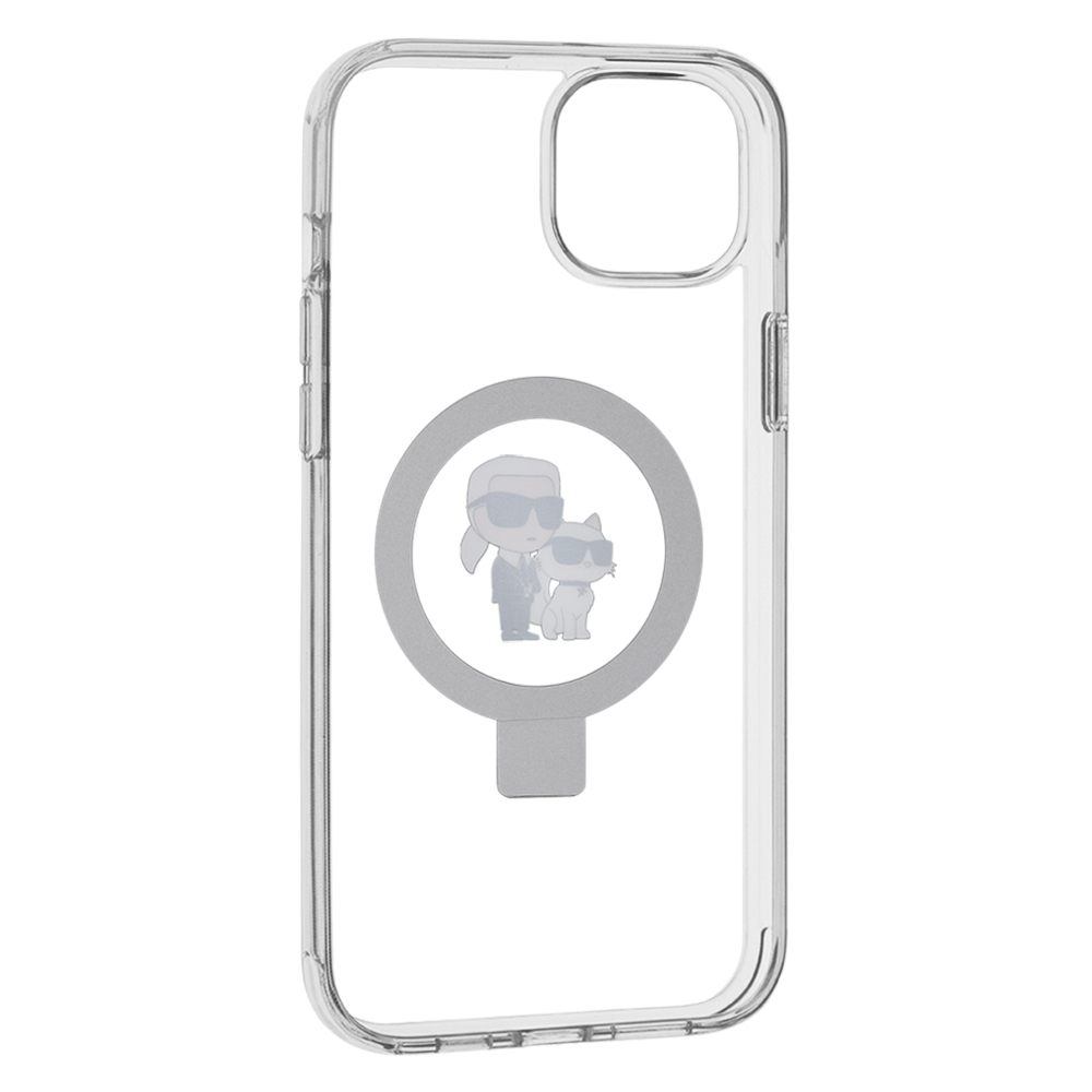 Coque MagSafe pour Apple iPhone 15 Plus, Karl Lagerfeld, Ringstand Karl and Choupette, Blanche, Reconditionnée
