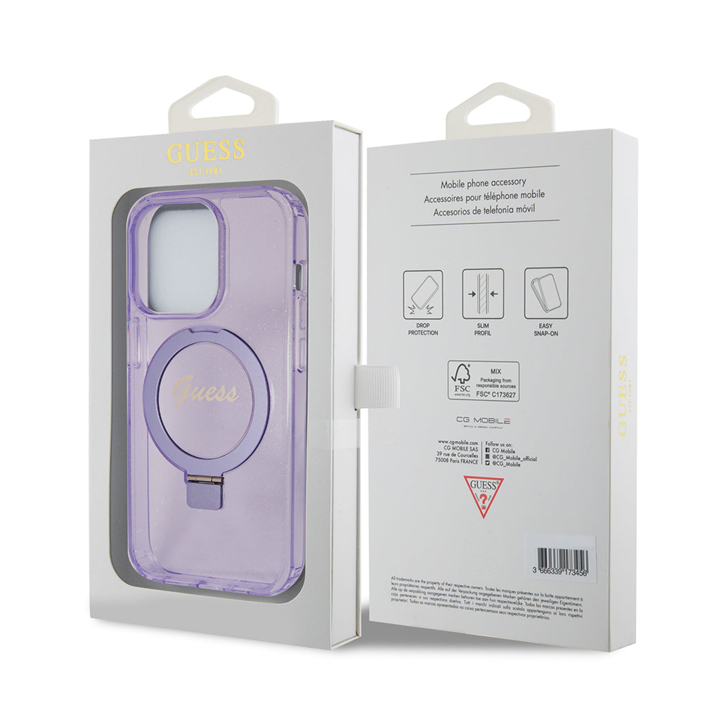 Étui MagSafe pour Apple iPhone 15 Pro Max, Guess, IML Ring Stand Glitter, Violet GUHMP15XHRSGSU