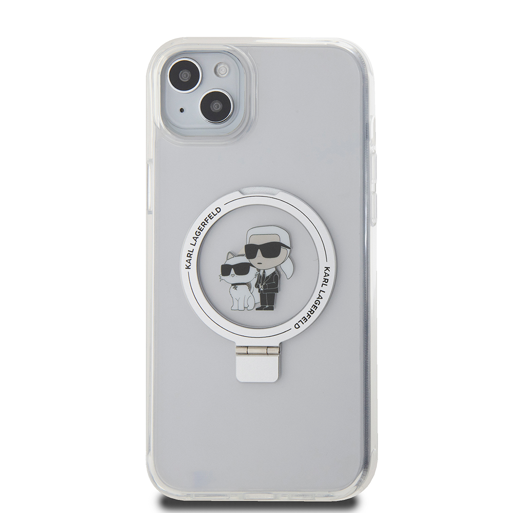 Coque MagSafe pour Apple iPhone 15 Plus, Karl Lagerfeld, Ringstand Karl and Choupette, Blanche, Reconditionnée