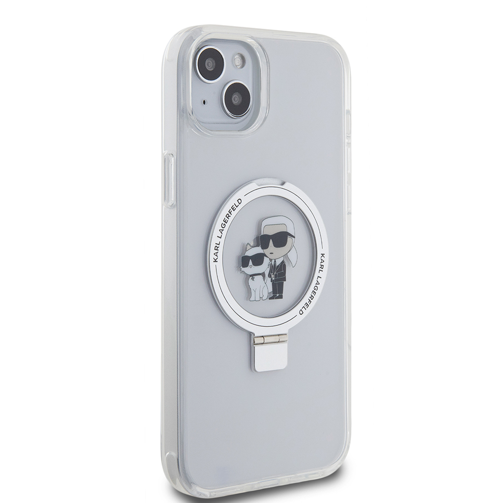 Coque MagSafe pour Apple iPhone 15 Plus, Karl Lagerfeld, Ringstand Karl and Choupette, Blanche, Reconditionnée
