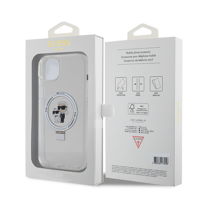Coque MagSafe pour Apple iPhone 15 Plus, Karl Lagerfeld, Ringstand Karl and Choupette, Blanche, Reconditionnée