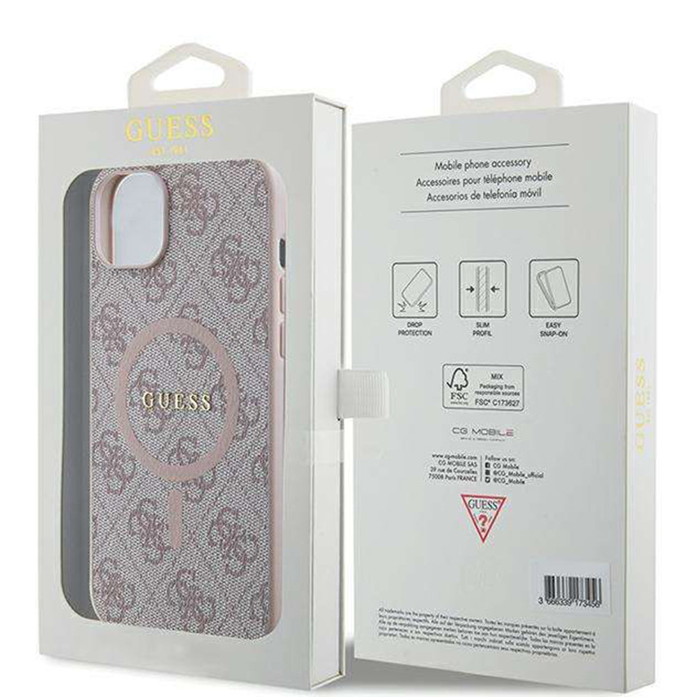 MagSafe hoesje voor Apple iPhone 14, Guess, 4G Ring Classic Logo, Roze