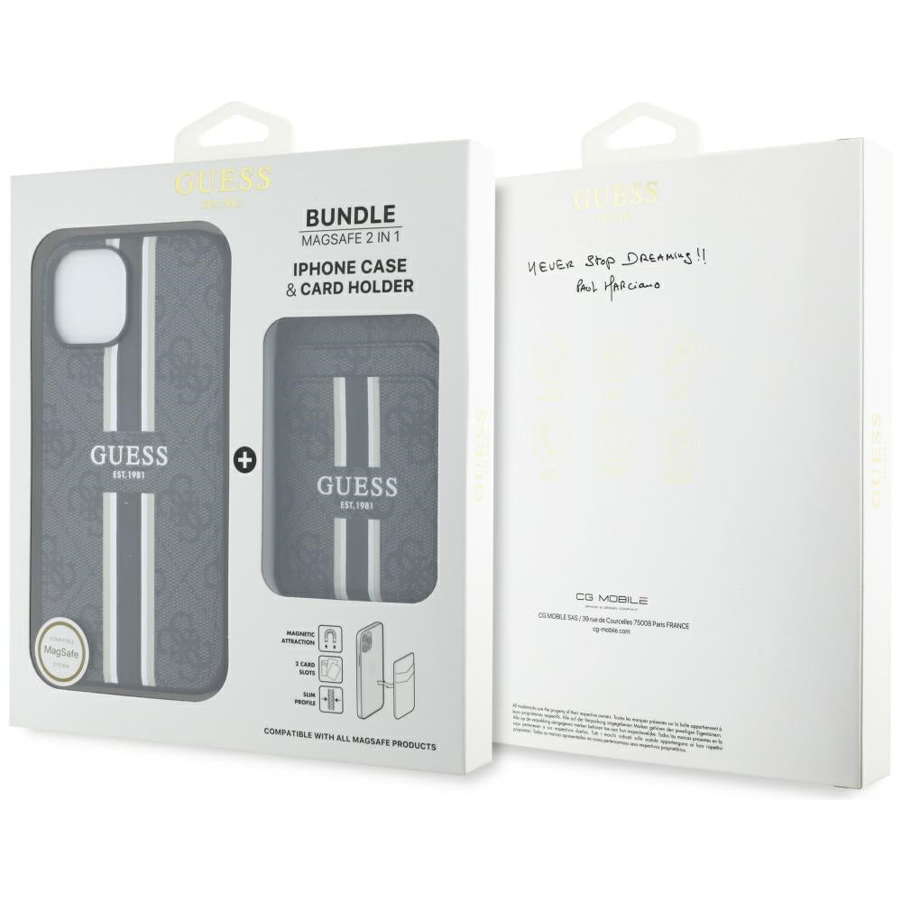 MagSafe Hülle für Apple iPhone 15, Guess, Cardslot 4G Stripes, Schwarz