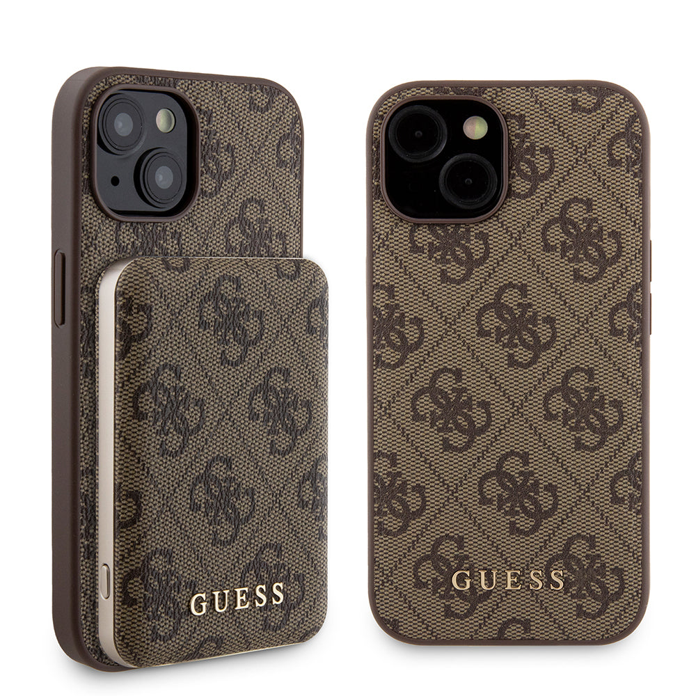 MagSafe hoesje voor Apple iPhone 15, Guess, Powerbank 4G Metal Logo, Bruin
