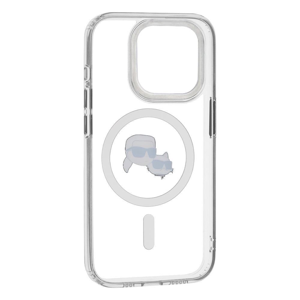 Étui MagSafe pour Apple iPhone 15, Karl Lagerfeld, IML Métal Karl & Choupette's Heads, Transparent