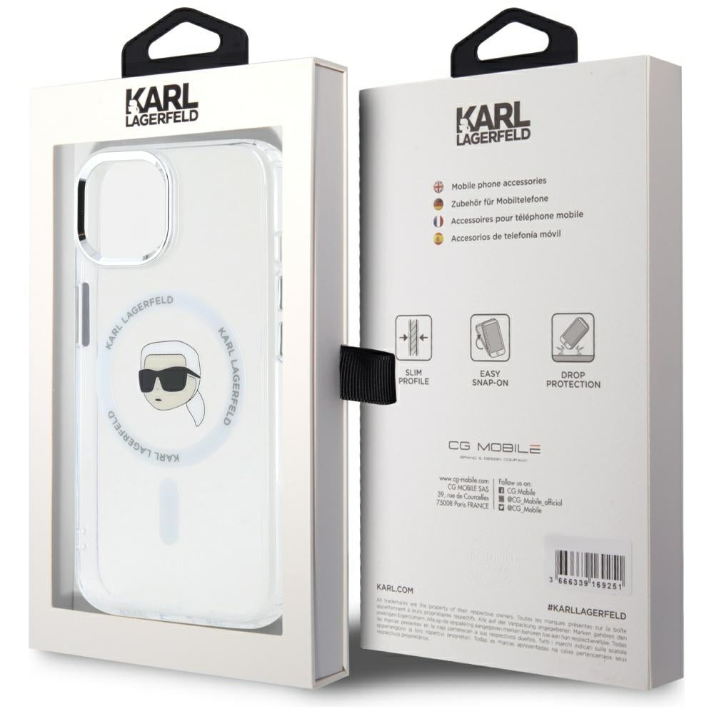MagSafe Hülle für Apple iPhone 15, Karl Lagerfeld, IML Metal Karl's Head, Weiß