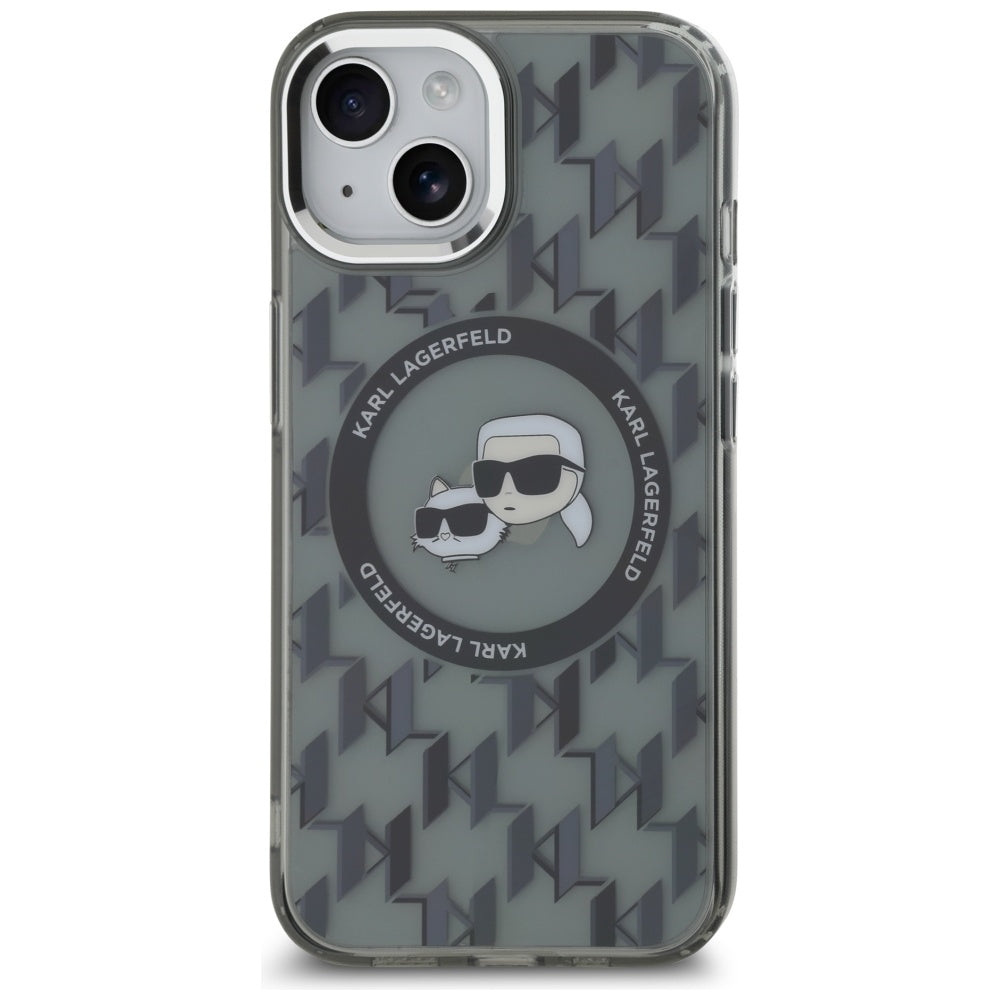 Housse MagSafe pour Apple iPhone 15, Karl Lagerfeld, IML Monogram Karl & Choupette's Heads, Noire
