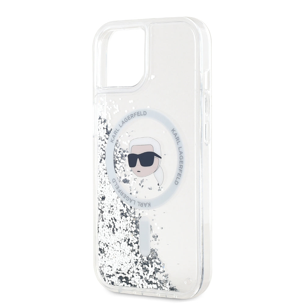 Étui MagSafe pour Apple iPhone 15, Karl Lagerfeld, Liquid Glitter Karl's Head, Transparent