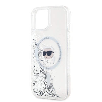Étui MagSafe pour Apple iPhone 15, Karl Lagerfeld, Liquid Glitter Karl's Head, Transparent