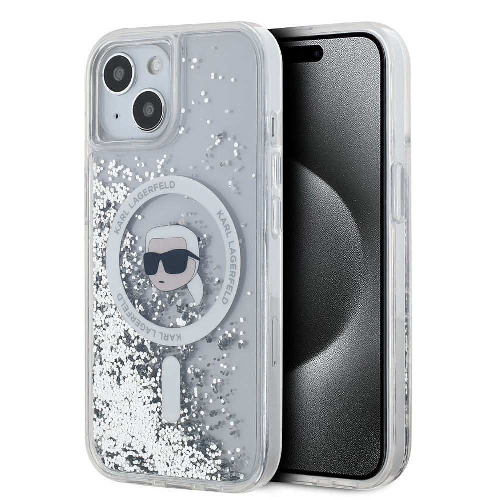 Étui MagSafe pour Apple iPhone 15, Karl Lagerfeld, Liquid Glitter Karl's Head, Transparent