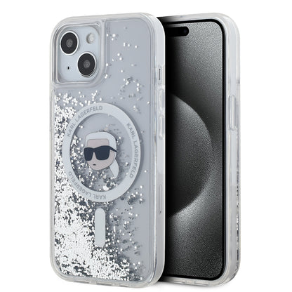Étui MagSafe pour Apple iPhone 15, Karl Lagerfeld, Liquid Glitter Karl's Head, Transparent
