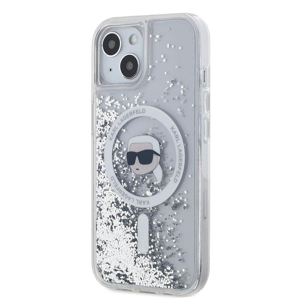 Étui MagSafe pour Apple iPhone 15, Karl Lagerfeld, Liquid Glitter Karl's Head, Transparent