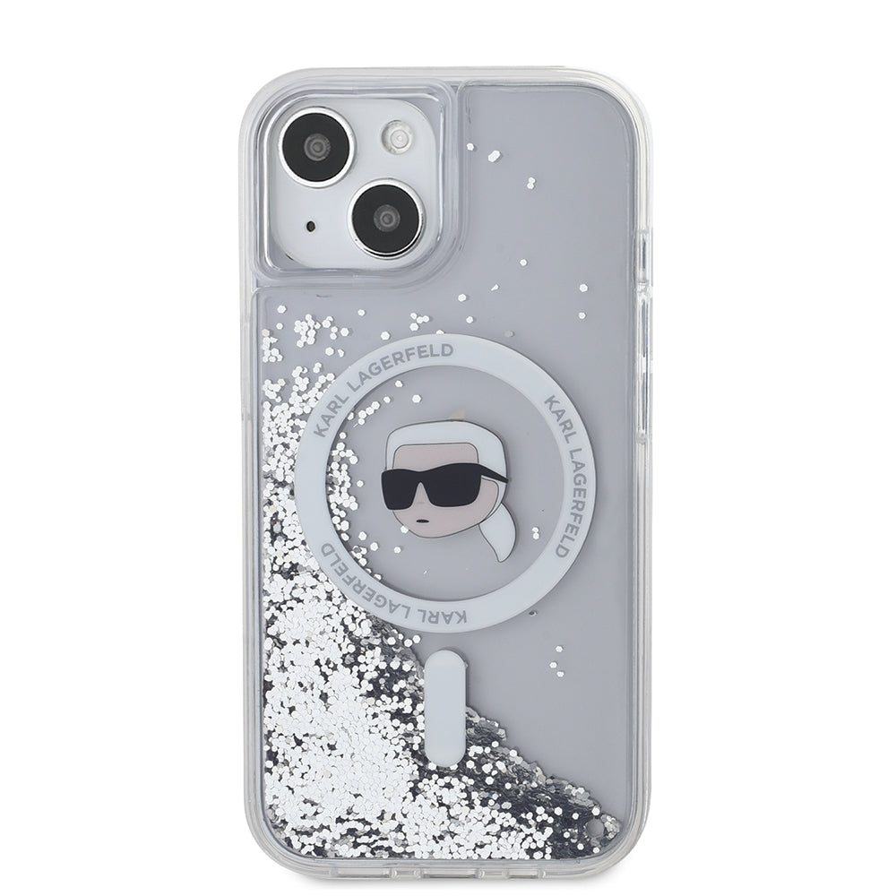 Étui MagSafe pour Apple iPhone 15, Karl Lagerfeld, Liquid Glitter Karl's Head, Transparent