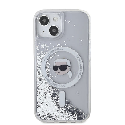 Étui MagSafe pour Apple iPhone 15, Karl Lagerfeld, Liquid Glitter Karl's Head, Transparent