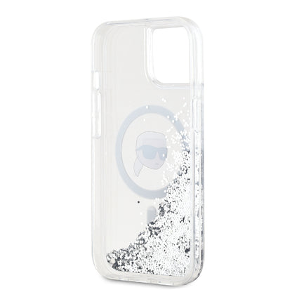 Étui MagSafe pour Apple iPhone 15, Karl Lagerfeld, Liquid Glitter Karl's Head, Transparent