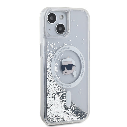 Étui MagSafe pour Apple iPhone 15, Karl Lagerfeld, Liquid Glitter Karl's Head, Transparent