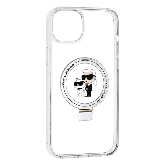 Étui MagSafe pour Apple iPhone 15 Plus, Karl Lagerfeld, Ringstand Karl et Choupette, Blanc