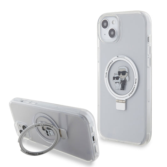 Étui MagSafe pour Apple iPhone 15 Plus, Karl Lagerfeld, Ringstand Karl et Choupette, Blanc
