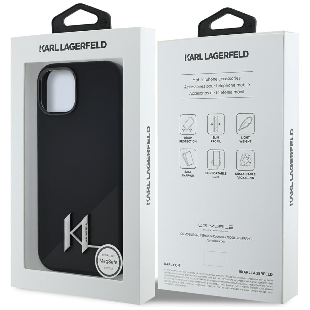 MagSafe Case for Apple iPhone 15, Karl Lagerfeld, Silicone Shadow Metal Initial, Black