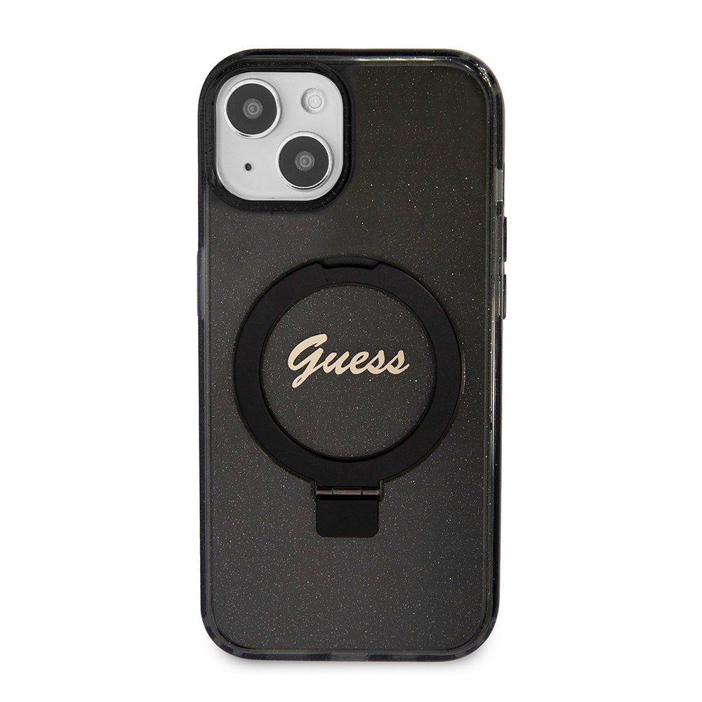MagSafe hoes voor Apple iPhone 15 Plus, Guess, Ring Stand Script Glitter, Zwart