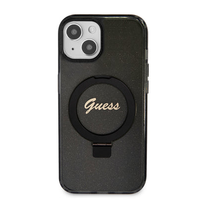 MagSafe hoes voor Apple iPhone 15 Plus, Guess, Ring Stand Script Glitter, Zwart