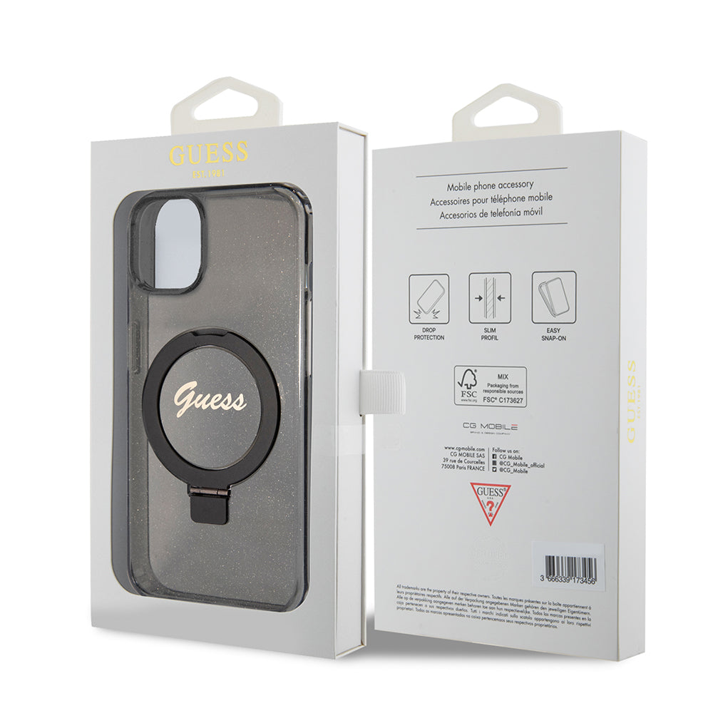 MagSafe hoes voor Apple iPhone 15 Plus, Guess, Ring Stand Script Glitter, Zwart